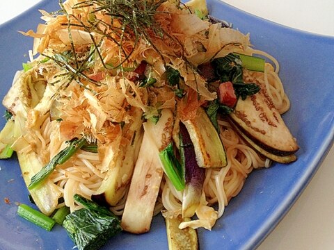小松菜と茄子の素麺炒め